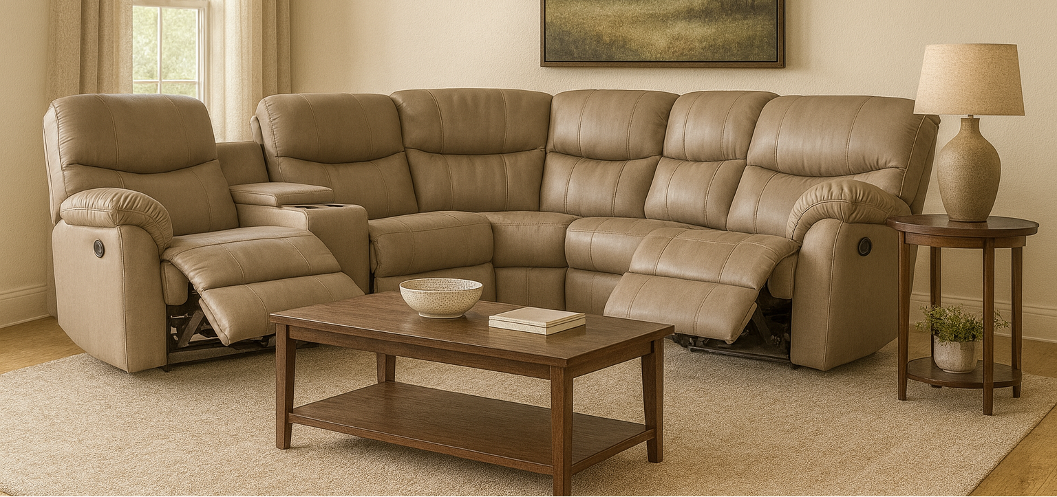 Beige sectional sofa in a living room with a wooden coffee table and lamp.